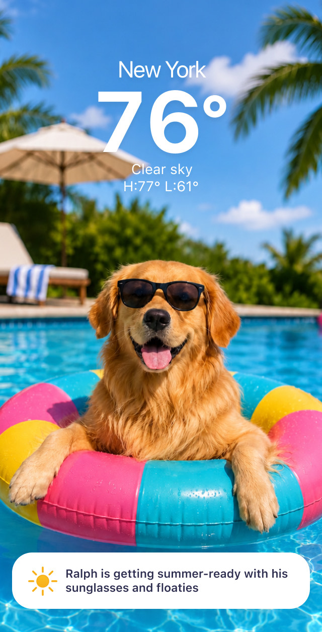 Fluffcast showing 76° and clear skies in New York, with a golden retriever in sunglasses floating in a pool ring